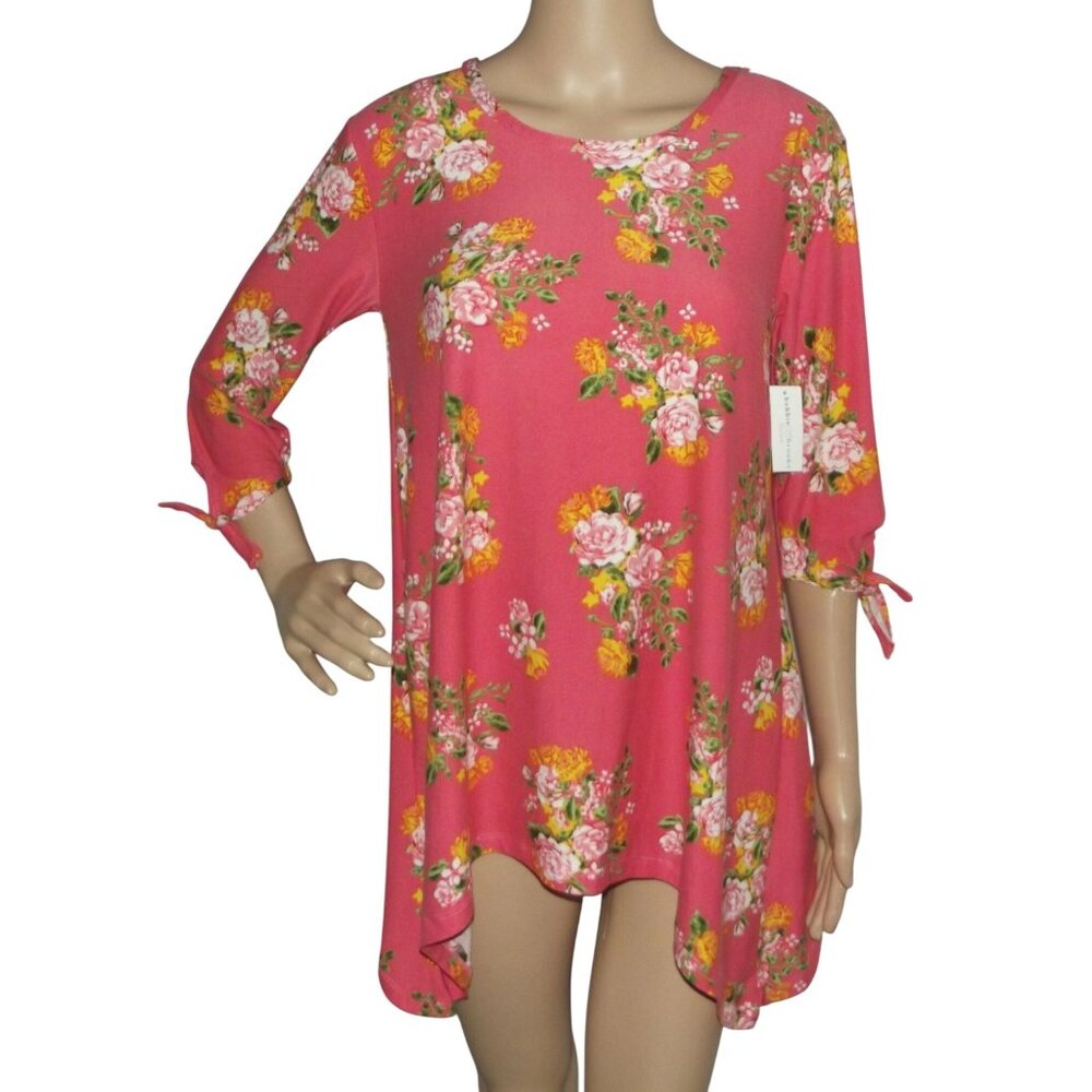 Bobbie Brooks Top Womens Size Small Pink Gold Floral sharkbite hem hanky